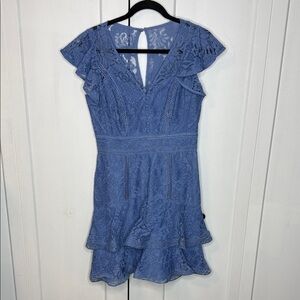 Ever New US6 Blue Lace Mini Dress Ruffle shoulder bottom
